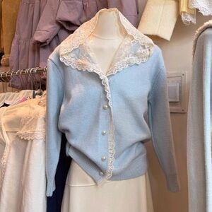 Elegant Blue Lace-Trimmed Women's Sweater